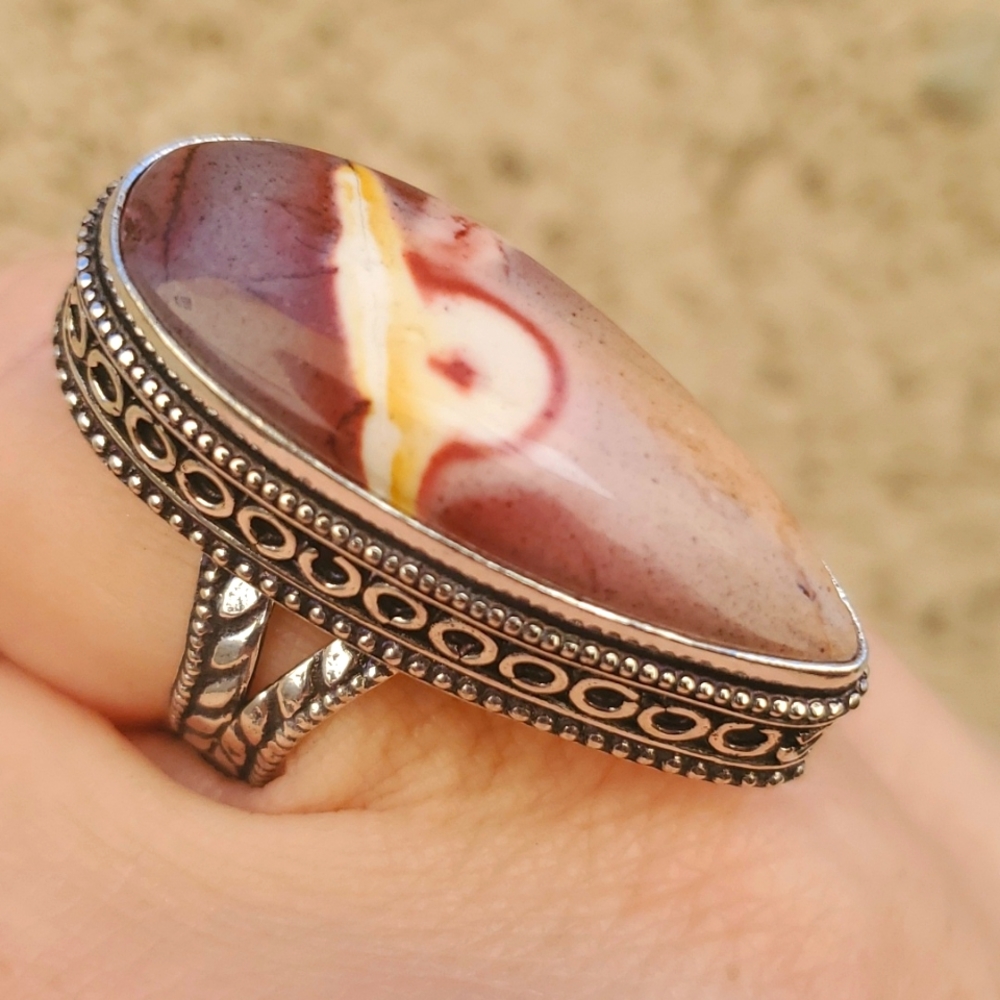 New Oversized Mookaite Jasper 925 Silver Statement Ring.